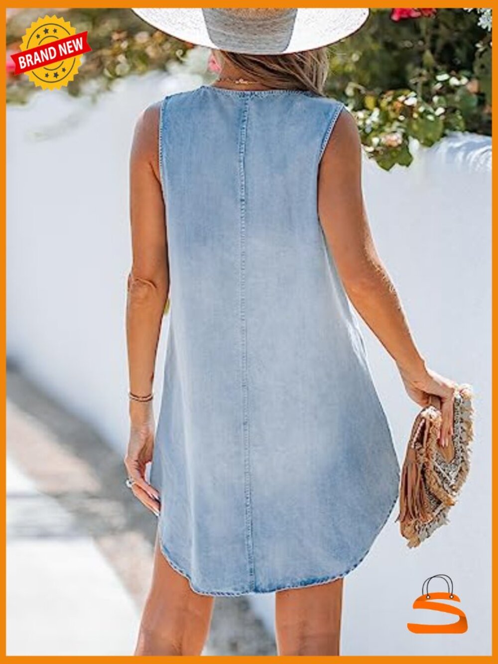 Denim Mini Dress V Neck Sleeveless A-Line Casual Summer Outfits - Picture 2 of 7